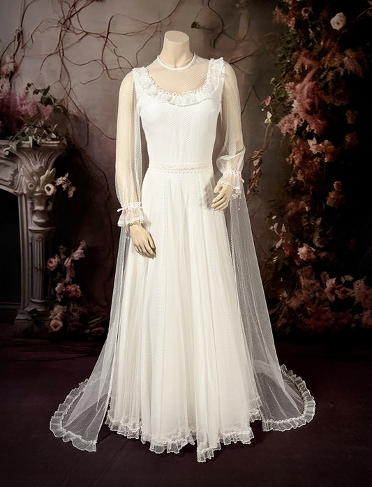 1960s Nylon Dotted Tulle/Crêpe de Chine Wedding Dress w/Princess Cape & Pink Silk Ribbon