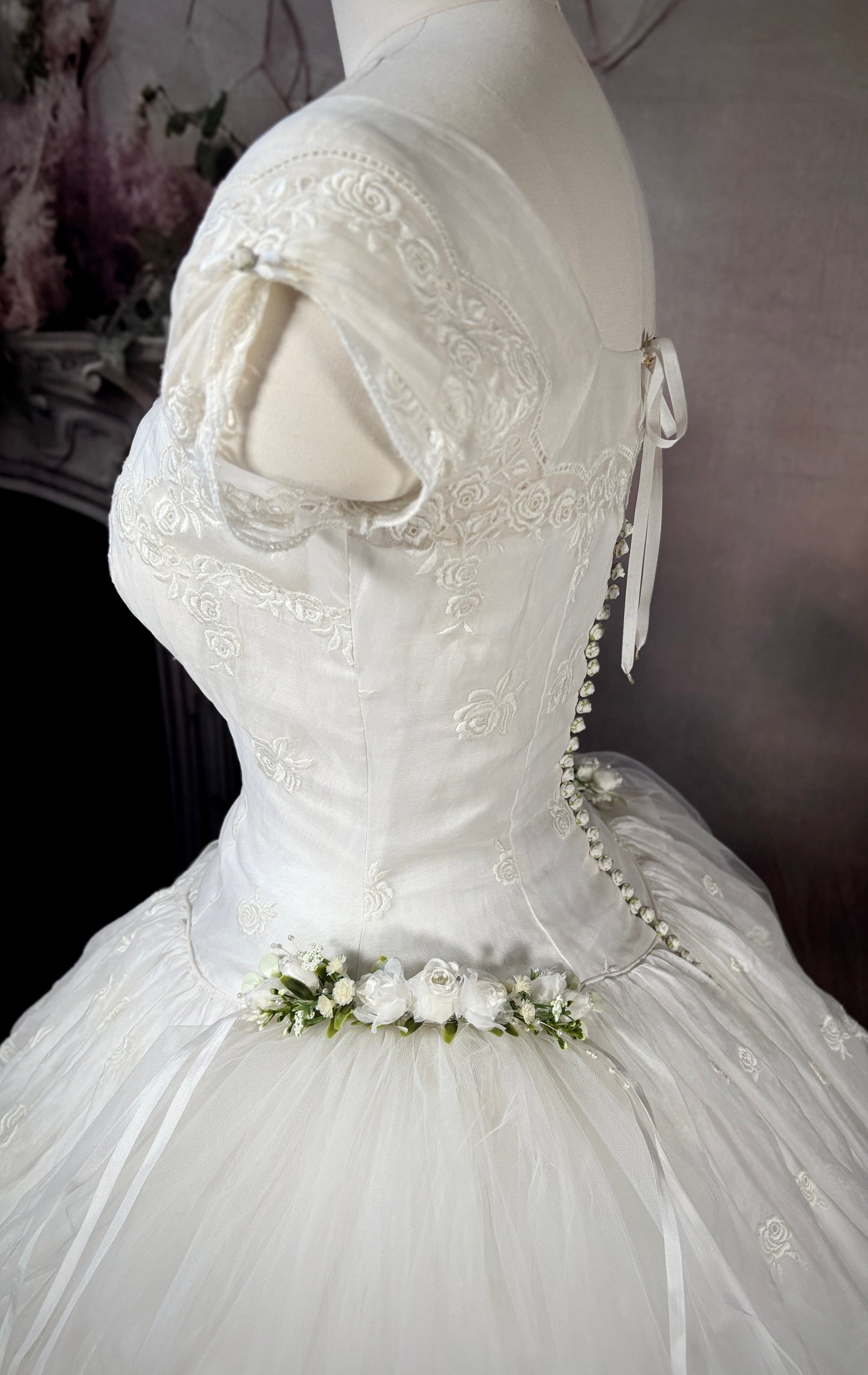 1950s Reimagined Cupcake Tiered Rose Wedding Dress & Trailing Train