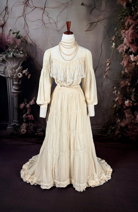 1800s Silk Crepe De Chine Wedding Dress w/ Trailing Train