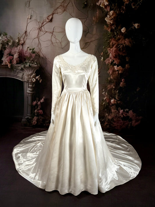 1950s Candlelight Satin Beaded Wedding Dress w/Chapel Train