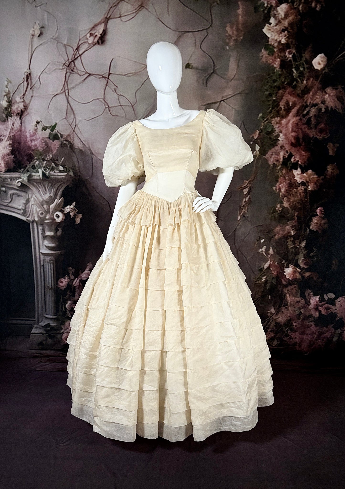 1950s Silk Organza Tiered Wedding Dress W/Gigot Puff Sleeves