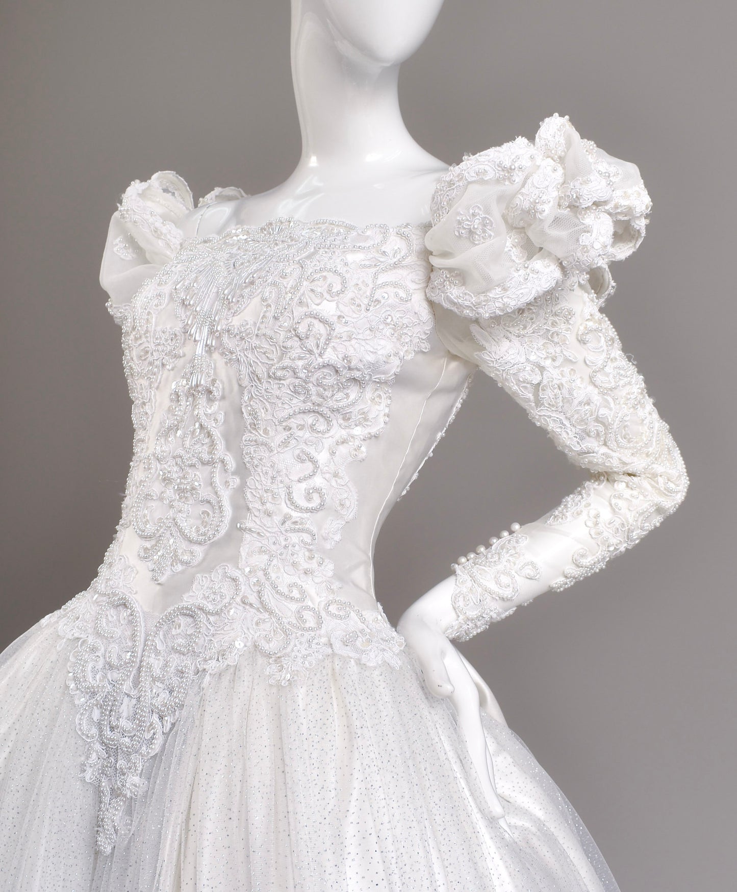 1980s Reimagined Antoinette Duchess Satin & Glitter Tulle Wedding Dress w/Chapel Train