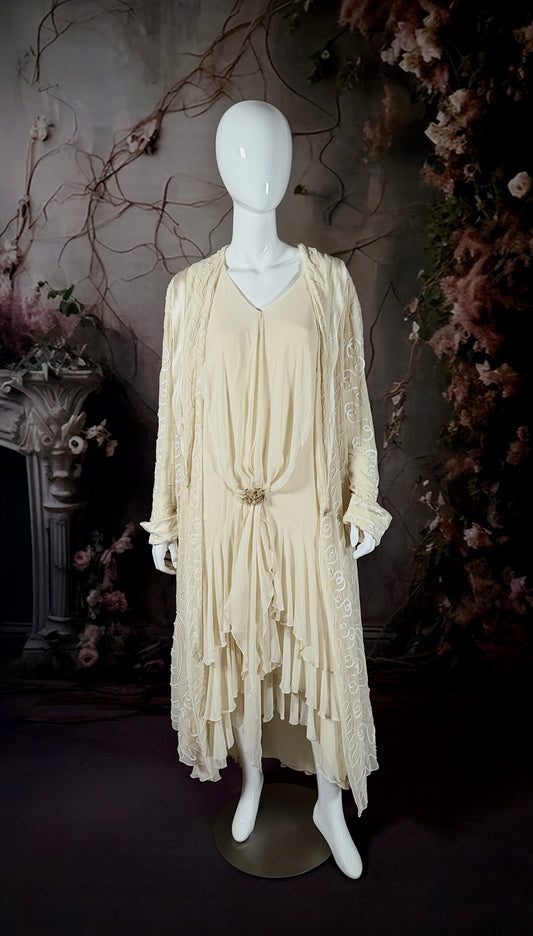 1920s Silk Crêpe Georgette 3pc Ensemble, Wedding Dress w/Jacket & Slip