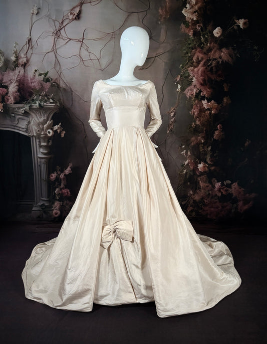 1950s Dior-Style Silk Taffeta Wedding Dress w/Trailing Train