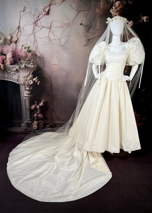 1980's Taffeta Wedding Dress w/Melon Puff Sleeves, Veil & Chapel Train