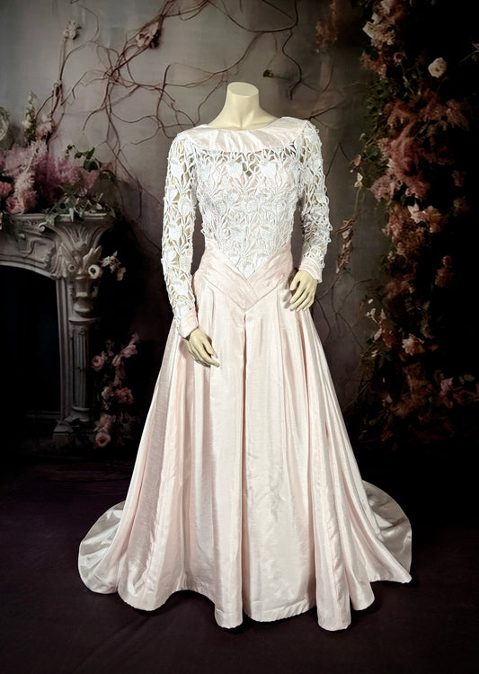 1990s Shantung & Beaded Venice Lace Wedding Dress in Blush Pink w/Sweeping Train