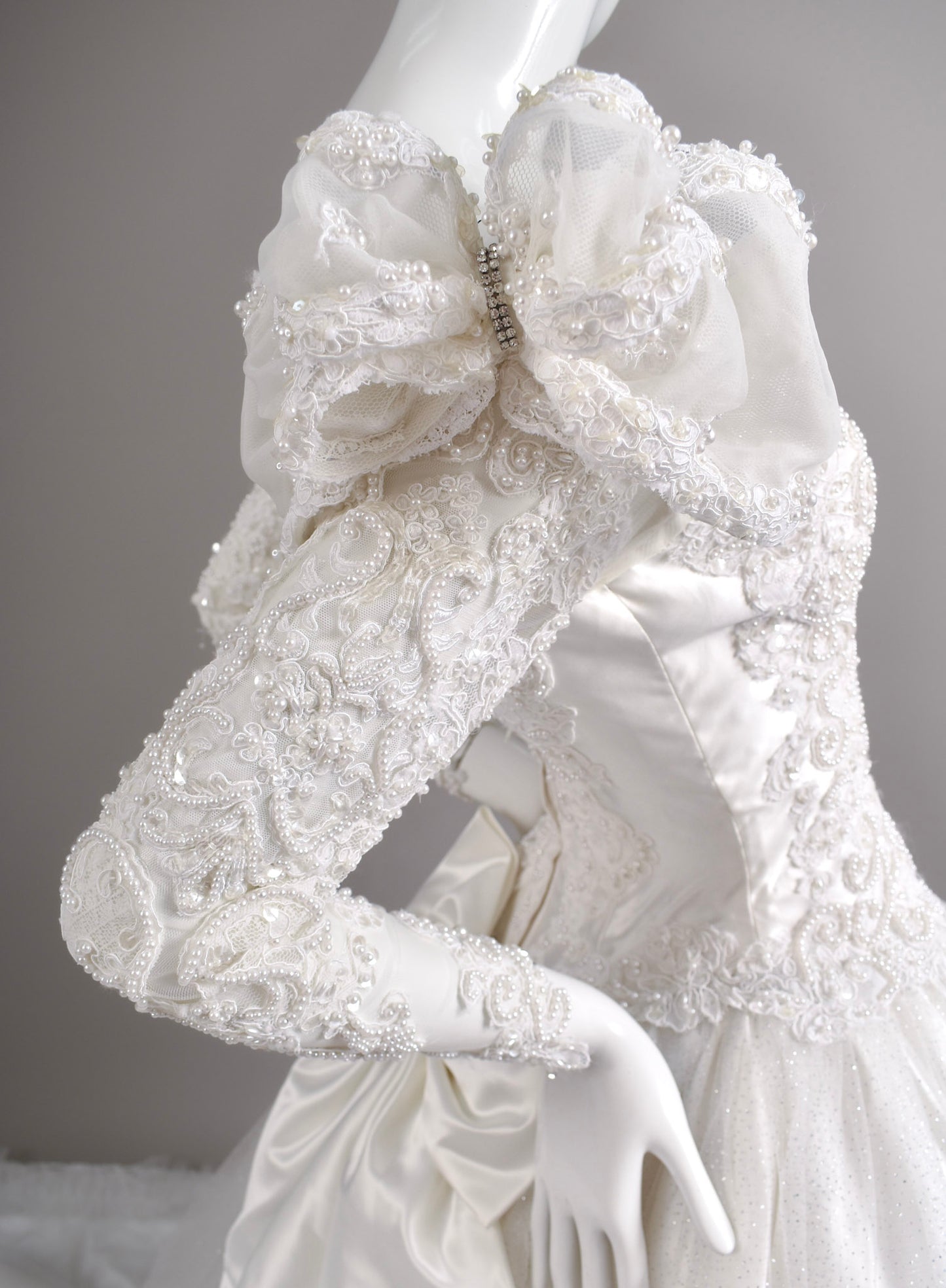 1980s Reimagined Antoinette Duchess Satin & Glitter Tulle Wedding Dress w/Chapel Train