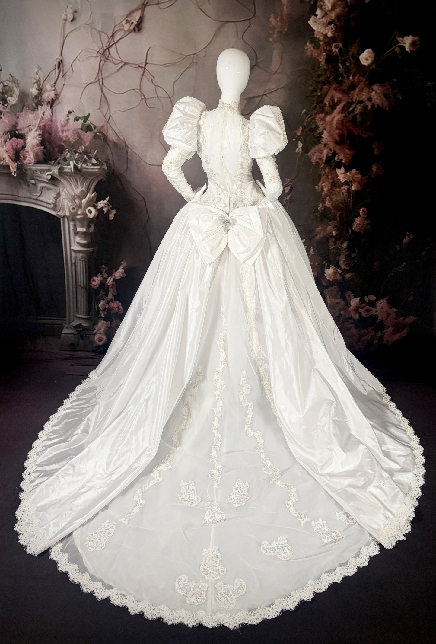 1980s Duchess Satin Wedding Dress, w/Juliet Puff Sleeves & Trailing Train - Little Rose Bridal