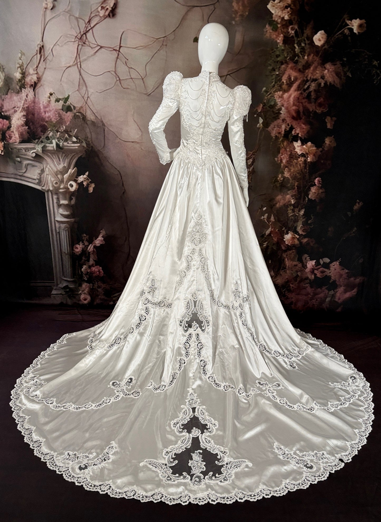 1980's Satin Wedding Dress w/Beaded Puff Sleeves & Chapel Train - Little Rose Bridal