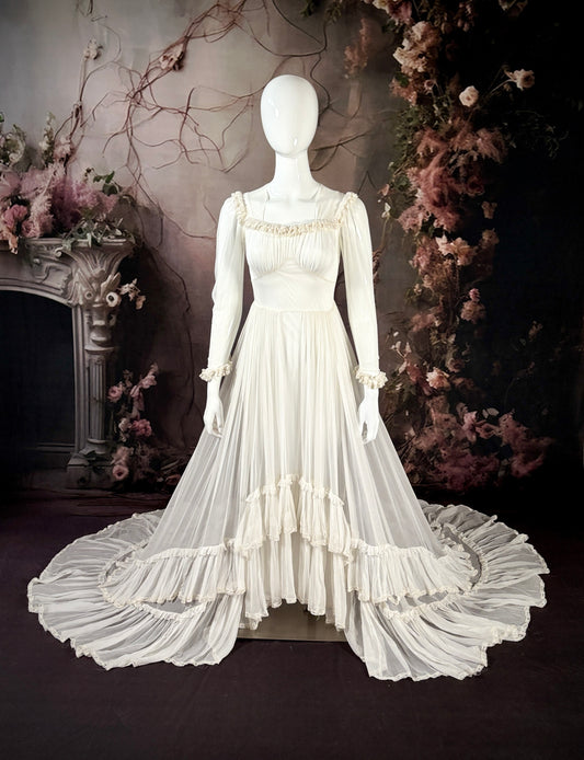1940s Silk Georgette Sheer Wedding Dress W/Trailing Train