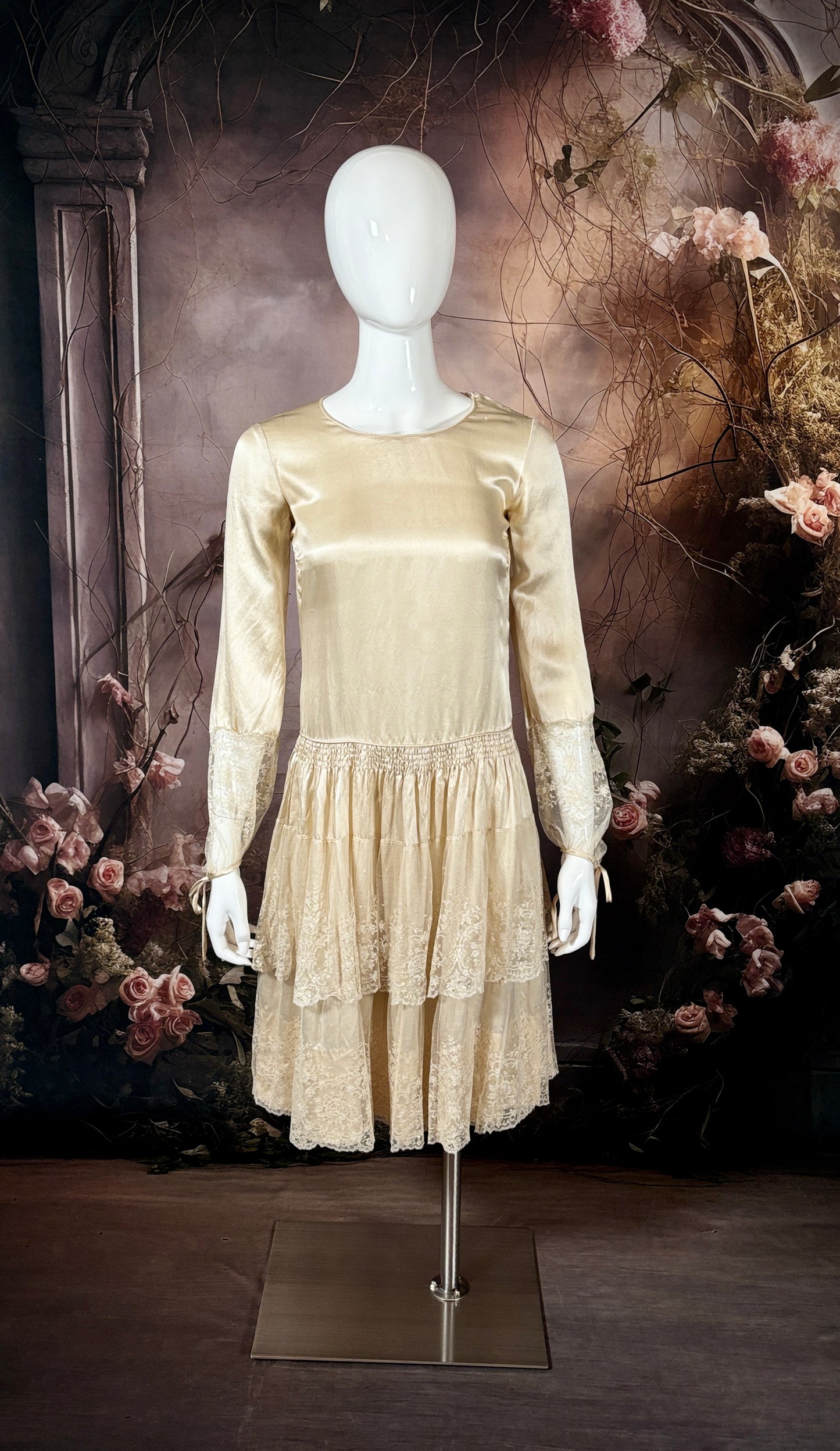 1920s Bias Cut Silk Charmeuse & Silk Chantilly Lace Wedding Dress