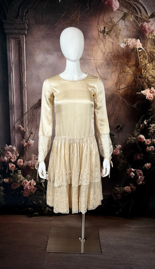 1920s Bias Cut Silk Charmeuse & Silk Chantilly Lace Wedding Dress
