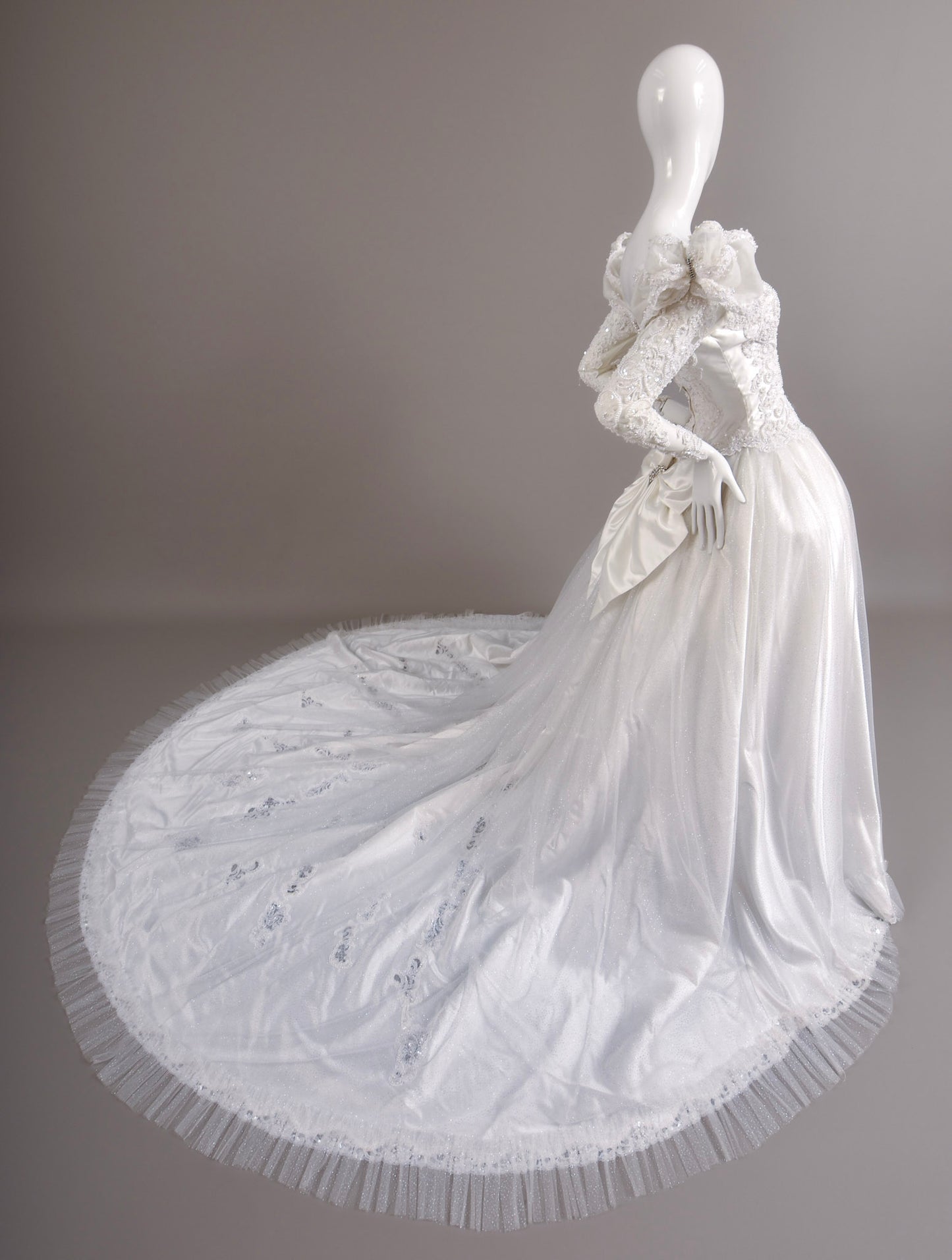 1980s Reimagined Antoinette Duchess Satin & Glitter Tulle Wedding Dress w/Chapel Train