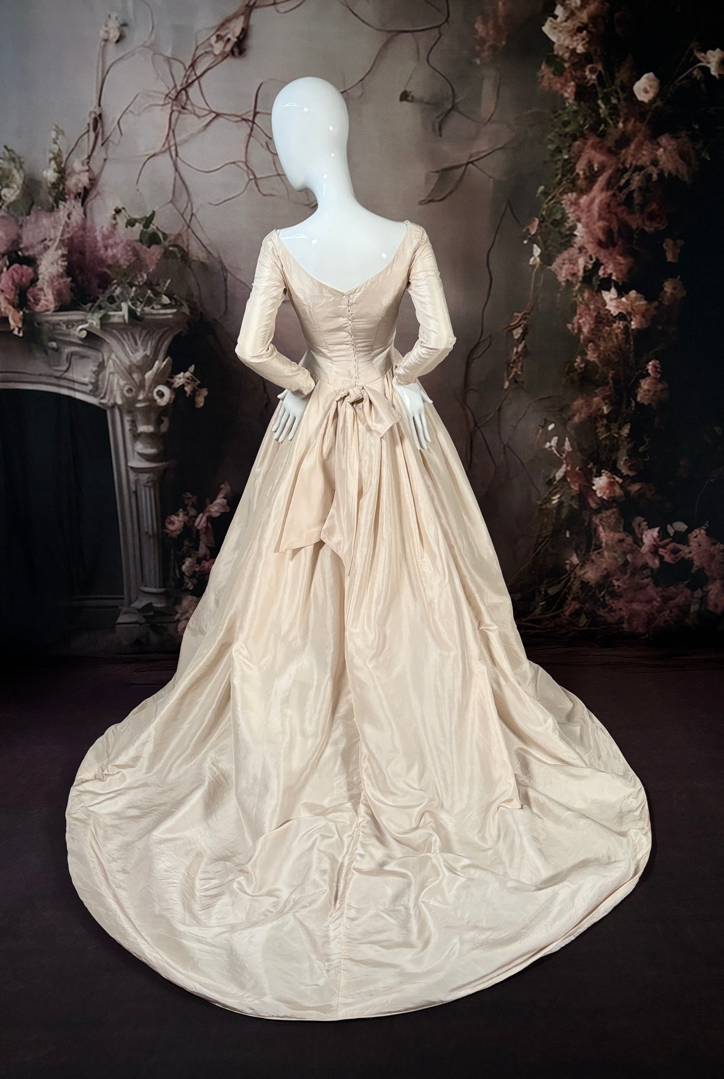 1950s Dior-Style Silk Taffeta Wedding Dress w/Trailing Train
