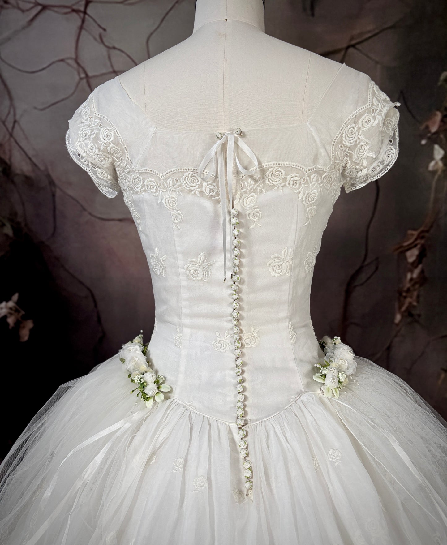 1950s Reimagined Cupcake Tiered Rose Wedding Dress & Trailing Train