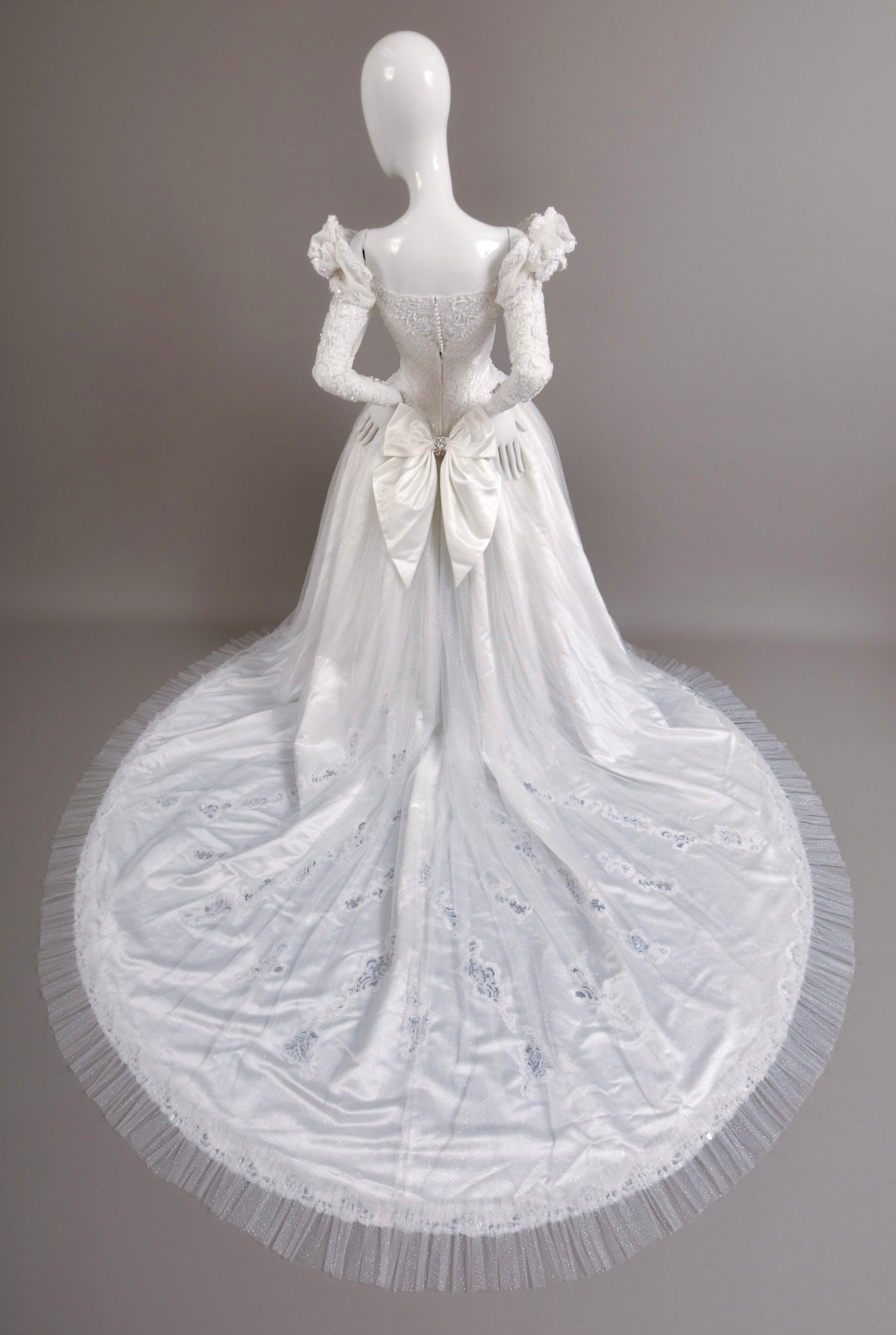 1980s Reimagined Antoinette Duchess Satin & Glitter Tulle Wedding Dress w/Chapel Train