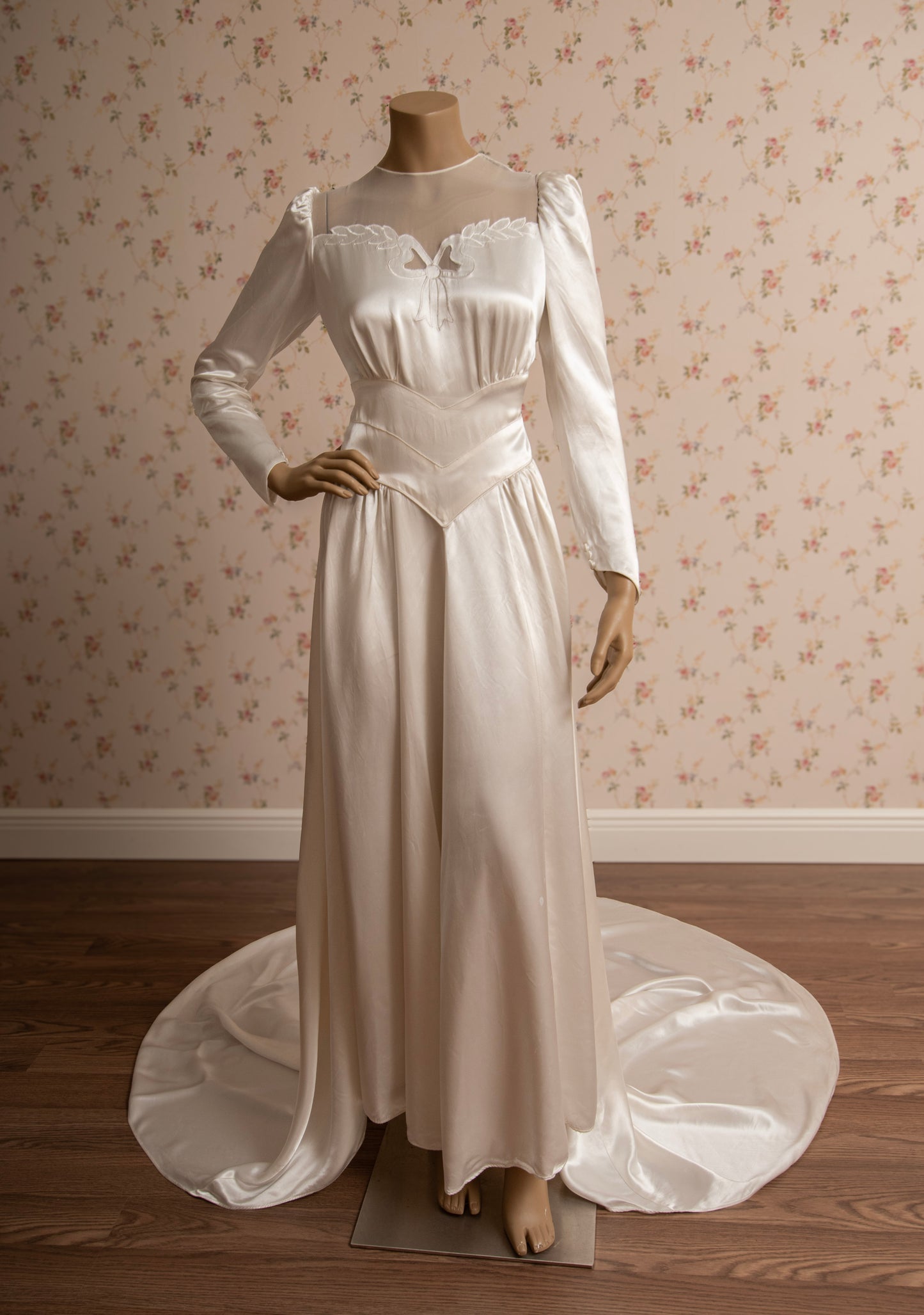 1940s Liquid Satin “Bow” Bias-Cut Wedding Dress w/Chapel Train (Coming Soon)