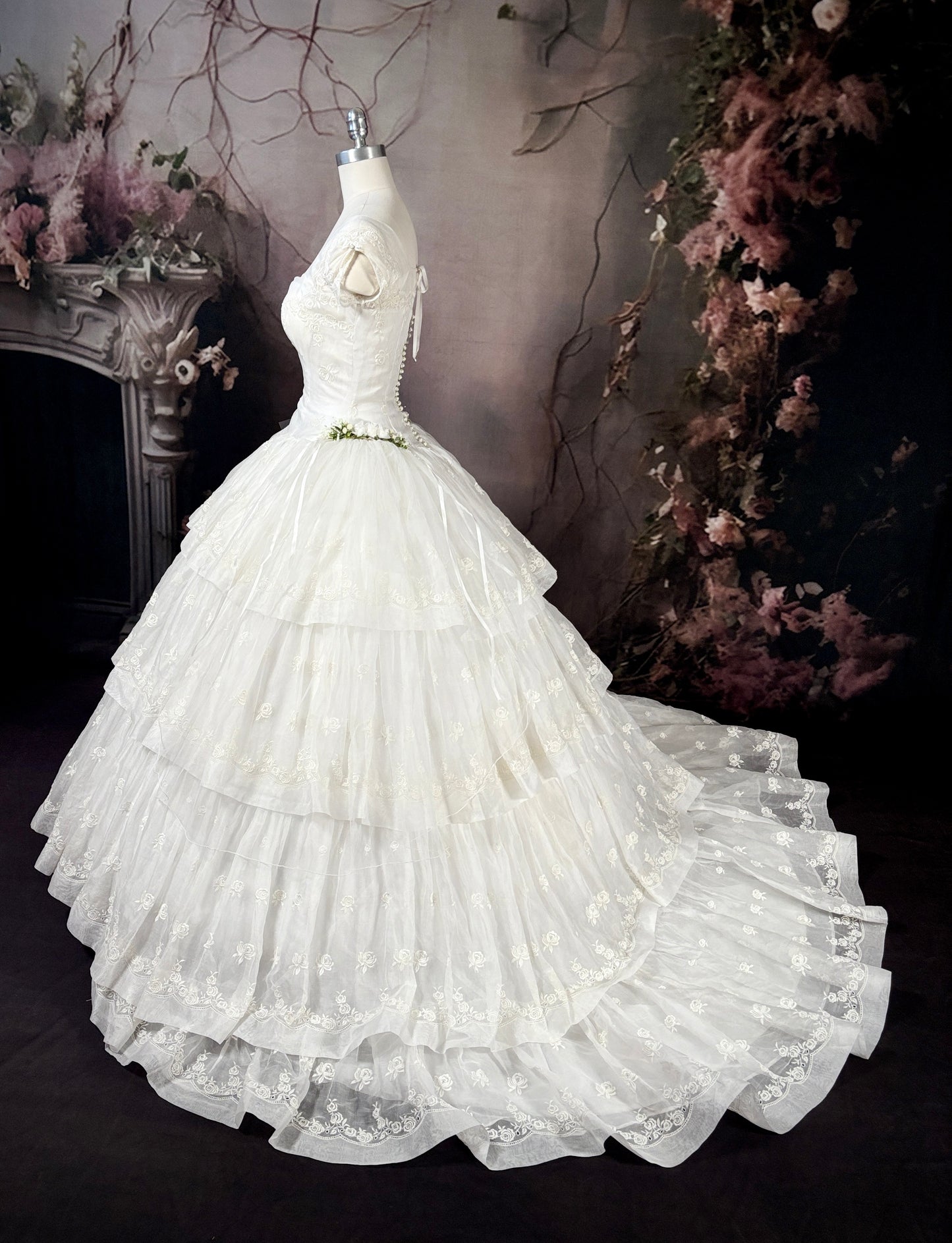 1950s Reimagined Cupcake Tiered Rose Wedding Dress & Trailing Train