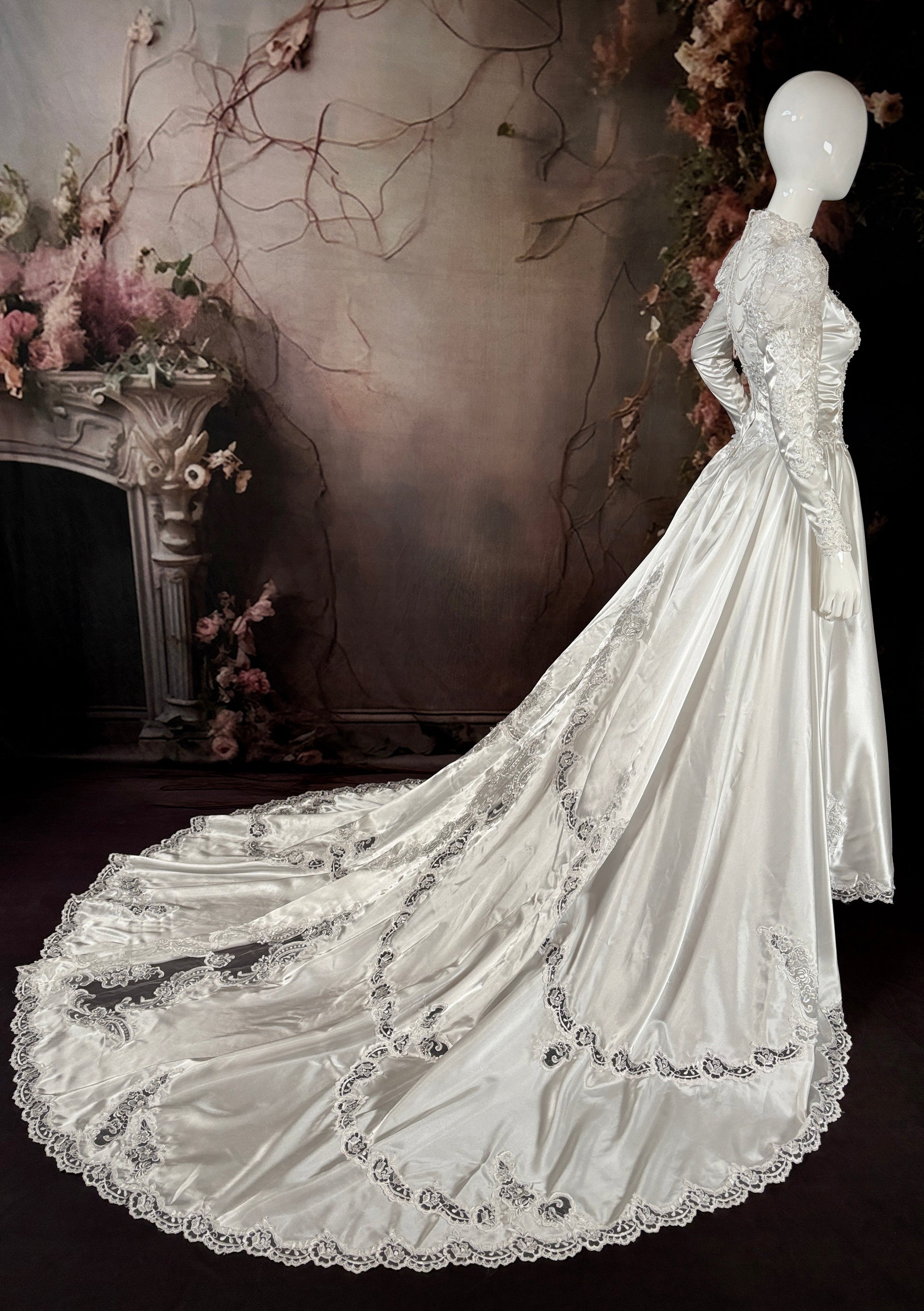1980's Satin Wedding Dress w/Beaded Puff Sleeves & Chapel Train - Little Rose Bridal
