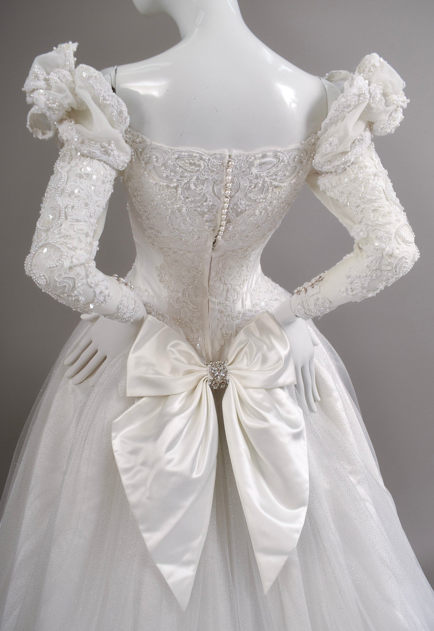 1980s Reimagined Antoinette Duchess Satin & Glitter Tulle Wedding Dress w/Chapel Train