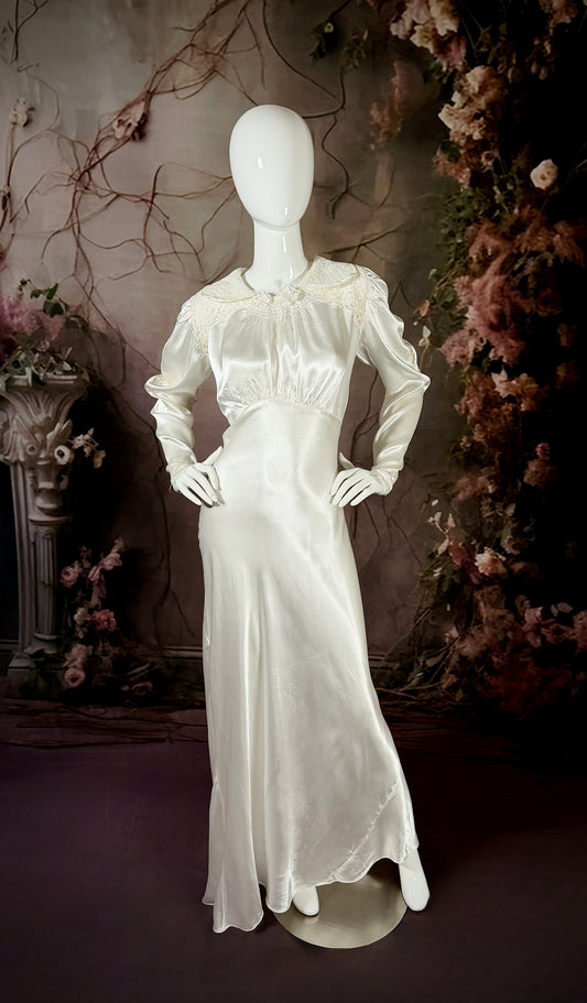 1930s Bias Cut Satin & Lace Wedding Dress