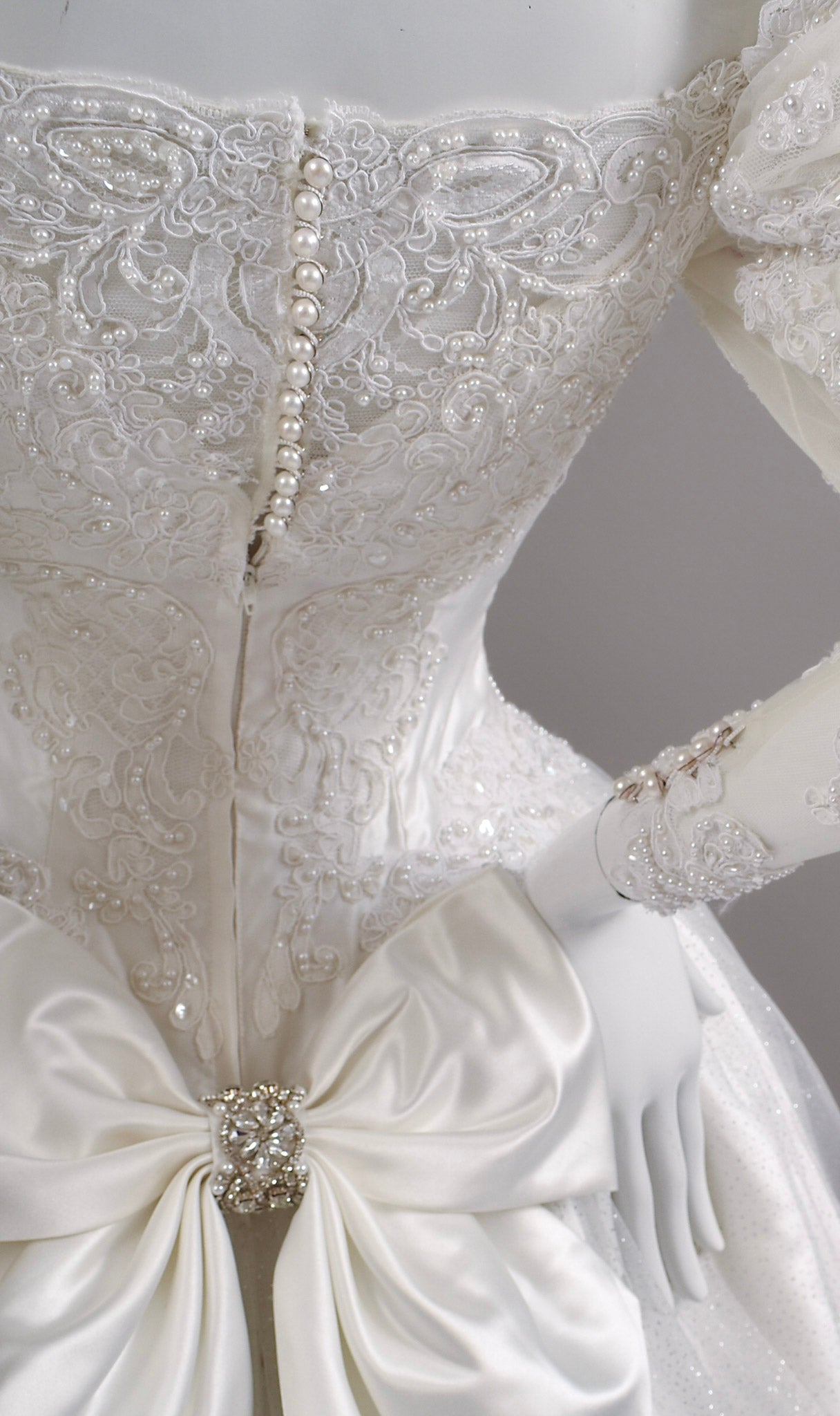 1980s Reimagined Antoinette Duchess Satin & Glitter Tulle Wedding Dress w/Chapel Train