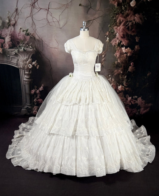 1950s Reimagined Cupcake Tiered Rose Wedding Dress & Trailing Train