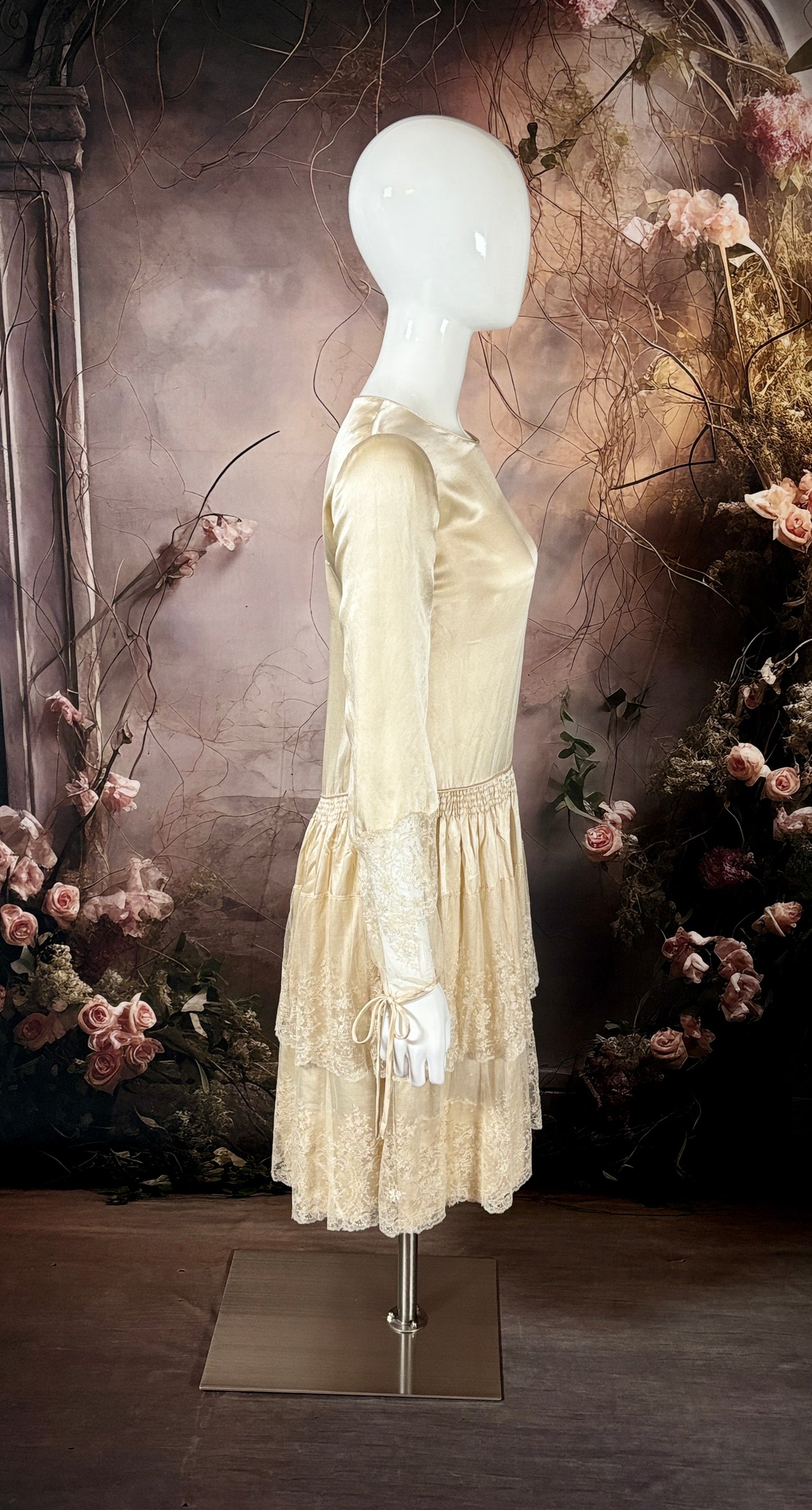 1920s Bias Cut Silk Charmeuse & Silk Chantilly Lace Wedding Dress