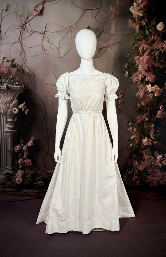 1850s Cotton Batiste Slip Dress w/Puff Sleeves, Pink Silk Ribbon & Brush Train