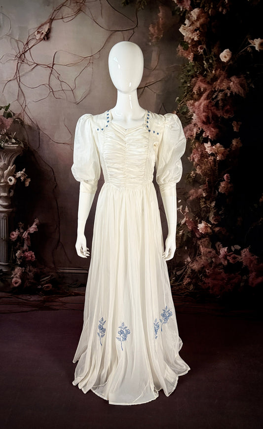 1940's Parachute Wedding Dress W/Bluework Embroidered Daisies