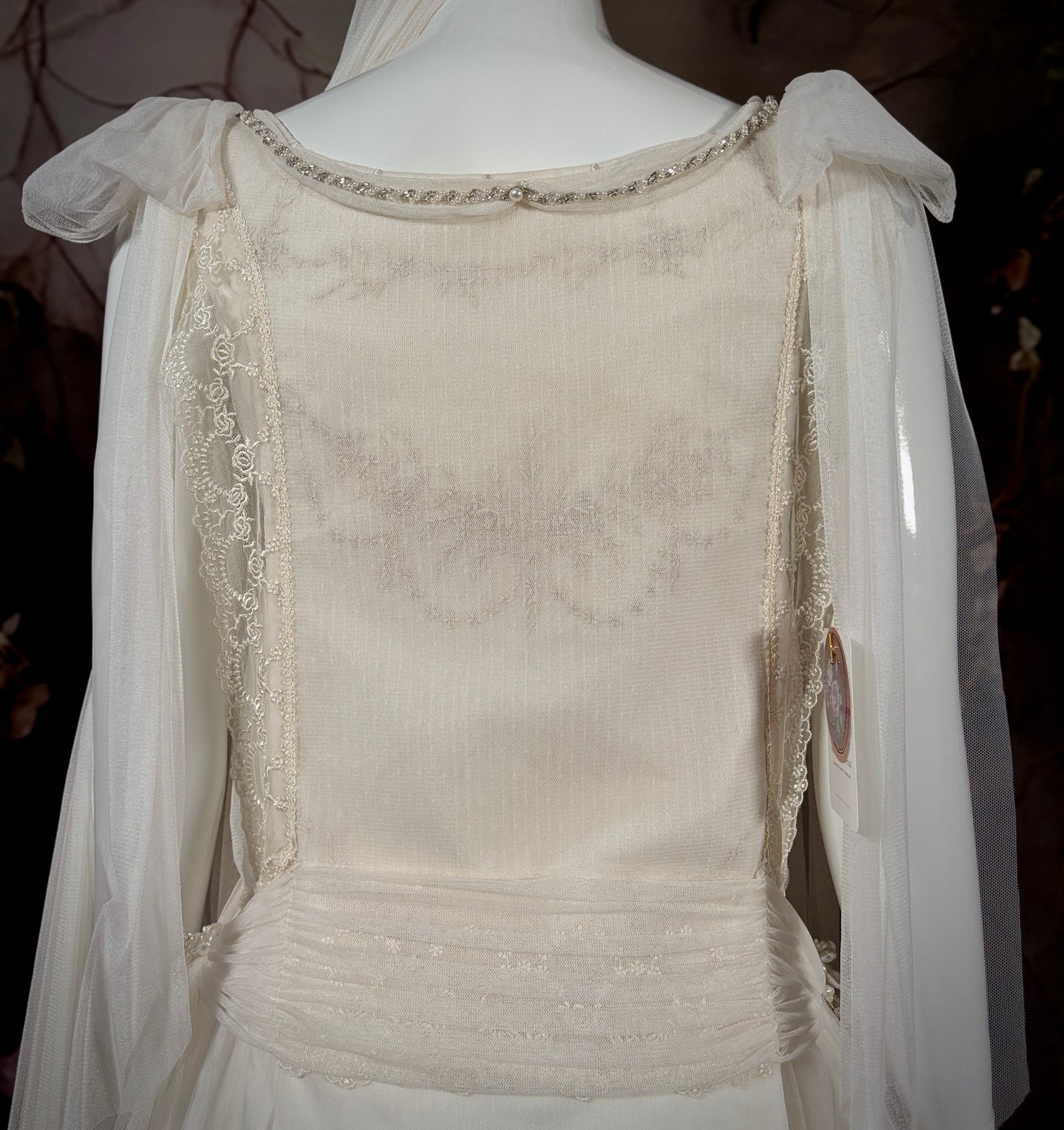 1920s Haute Couture Silk Tulle & Beaded Wedding Dress w/Juliet Veil
