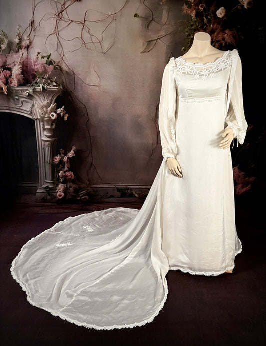 1960s Sheer Crepe-Back Satin Empire Waist Wedding Dress w/Trailing Train & Silk Bows