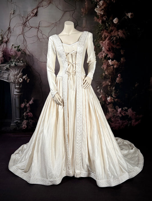 1990s Renaissance Inspired Silk Mikado Wedding Dress w/Trailing Train