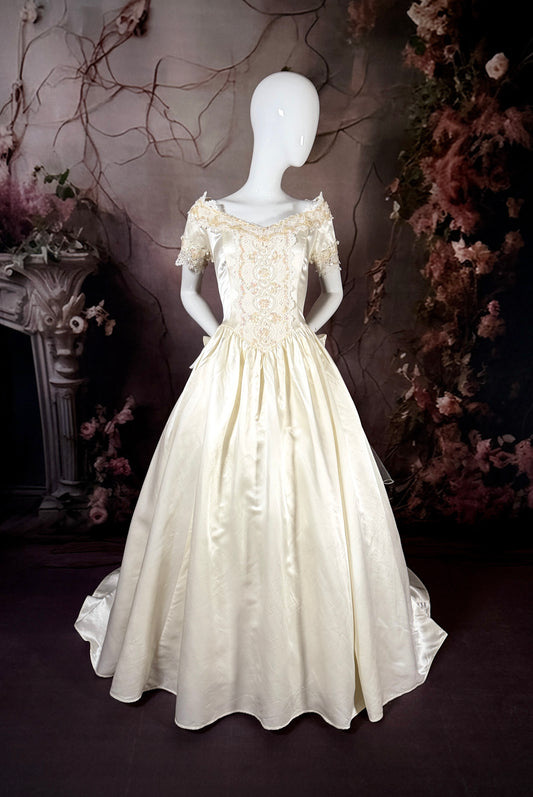 1990's Satin Beaded Wedding Dress W/Trailing Train