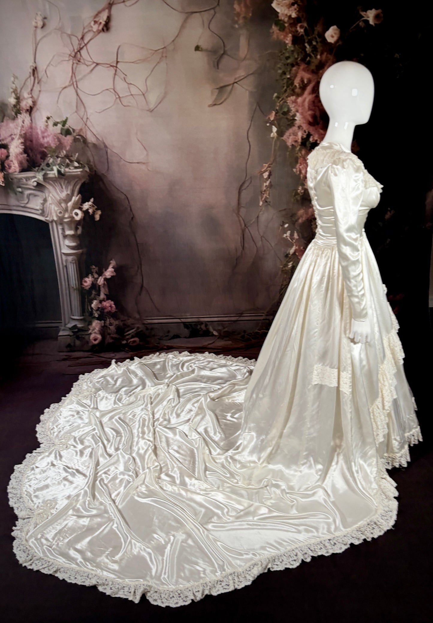 1950's Candlelight Satin Wedding Dress w/Ruffled Lace & Cathedral Train