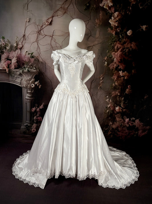 1990's Dutchess Satin Rose Wedding Dress W/Chapel Train