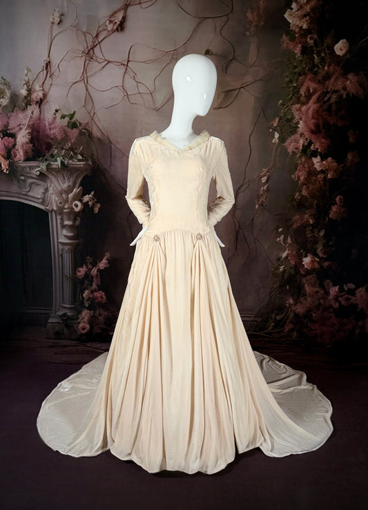 1950s Reimagined “Medieval” Silk Velvet Wedding Dress w/Sweeping Train