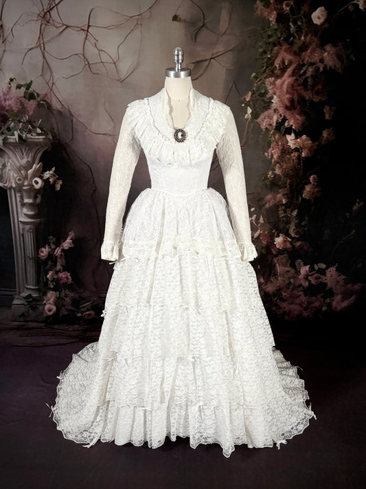1970s Victorian Inspired Tiered Lace Wedding Dress w/Trailing Train