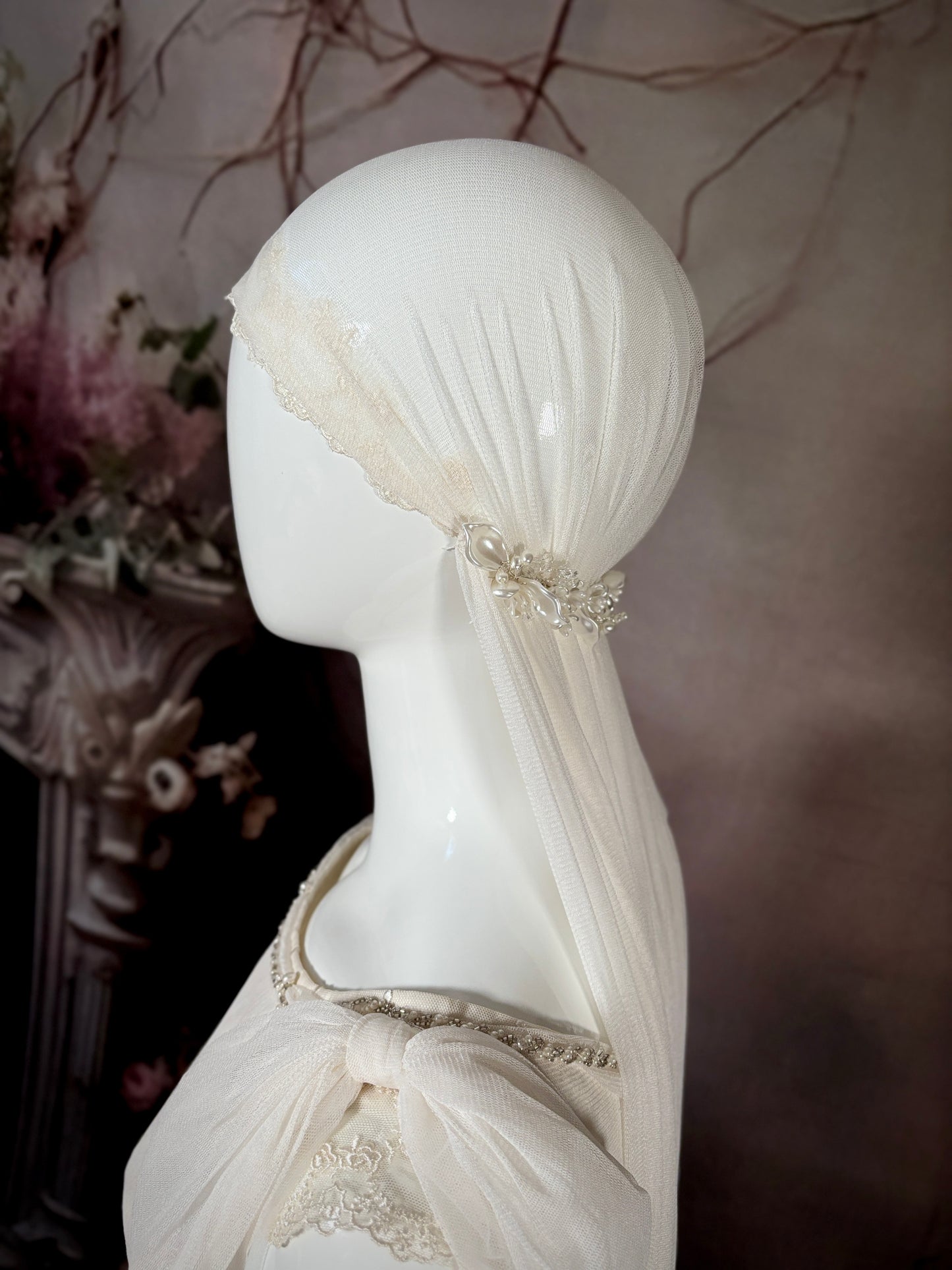 1920s Haute Couture Silk Tulle & Beaded Wedding Dress w/Juliet Veil