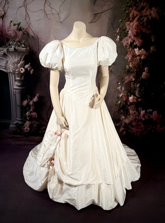 1980s Silk Taffeta & Burnt Rosettes Wedding Dress w/Trailing Train