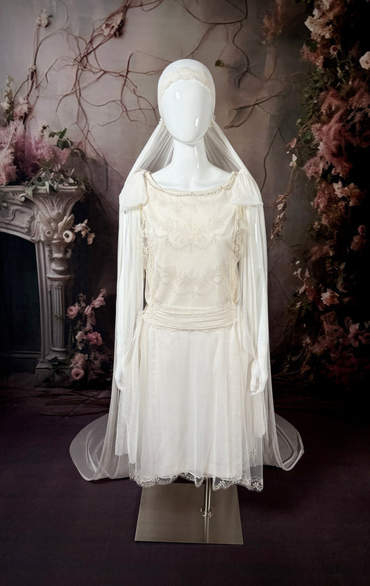 1920s Haute Couture Silk Tulle & Beaded Wedding Dress w/Juliet Veil