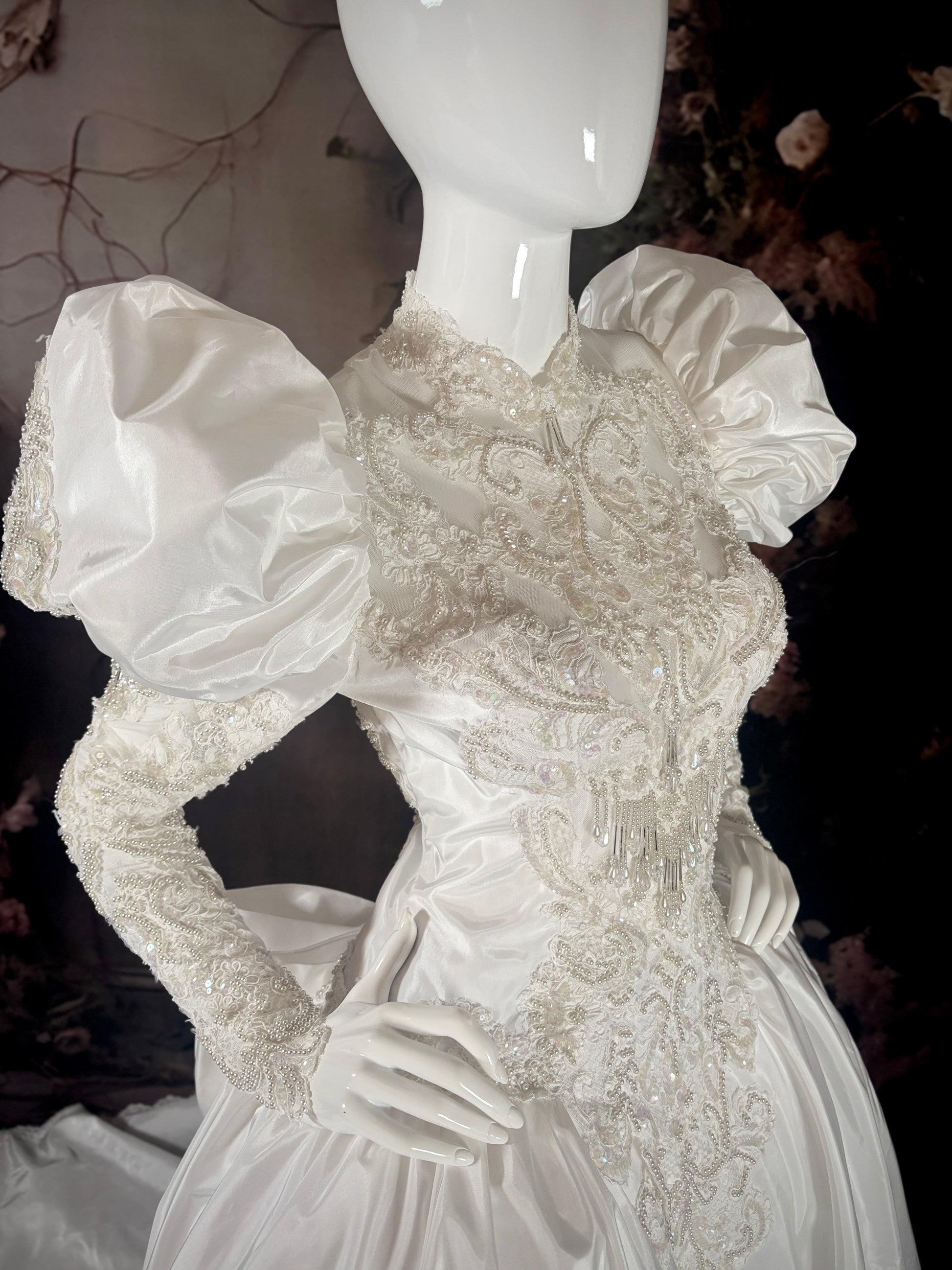 1980s Duchess Satin Wedding Dress, w/Juliet Puff Sleeves & Trailing Train - Little Rose Bridal