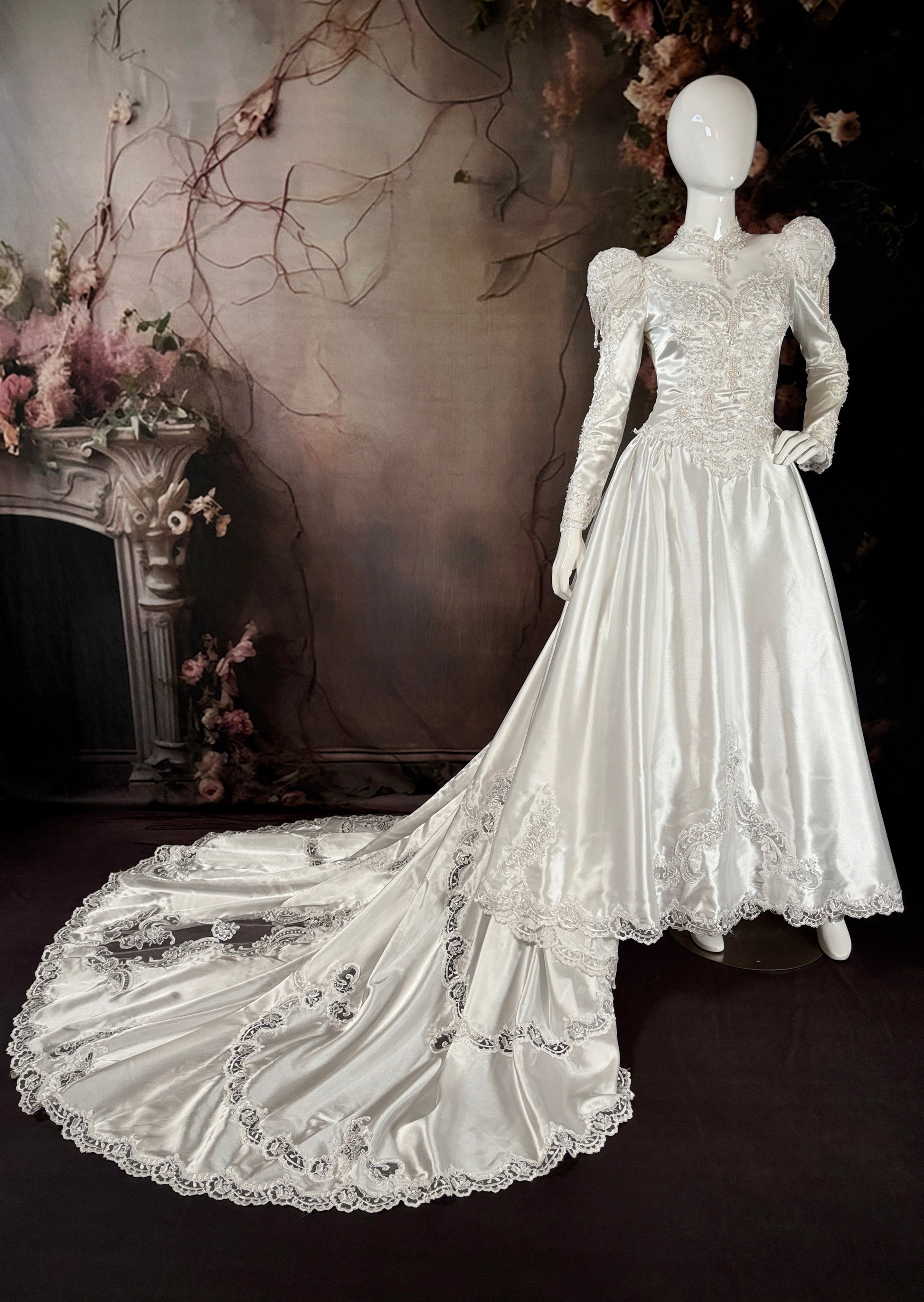 1980's Satin Wedding Dress w/Beaded Puff Sleeves & Chapel Train - Little Rose Bridal