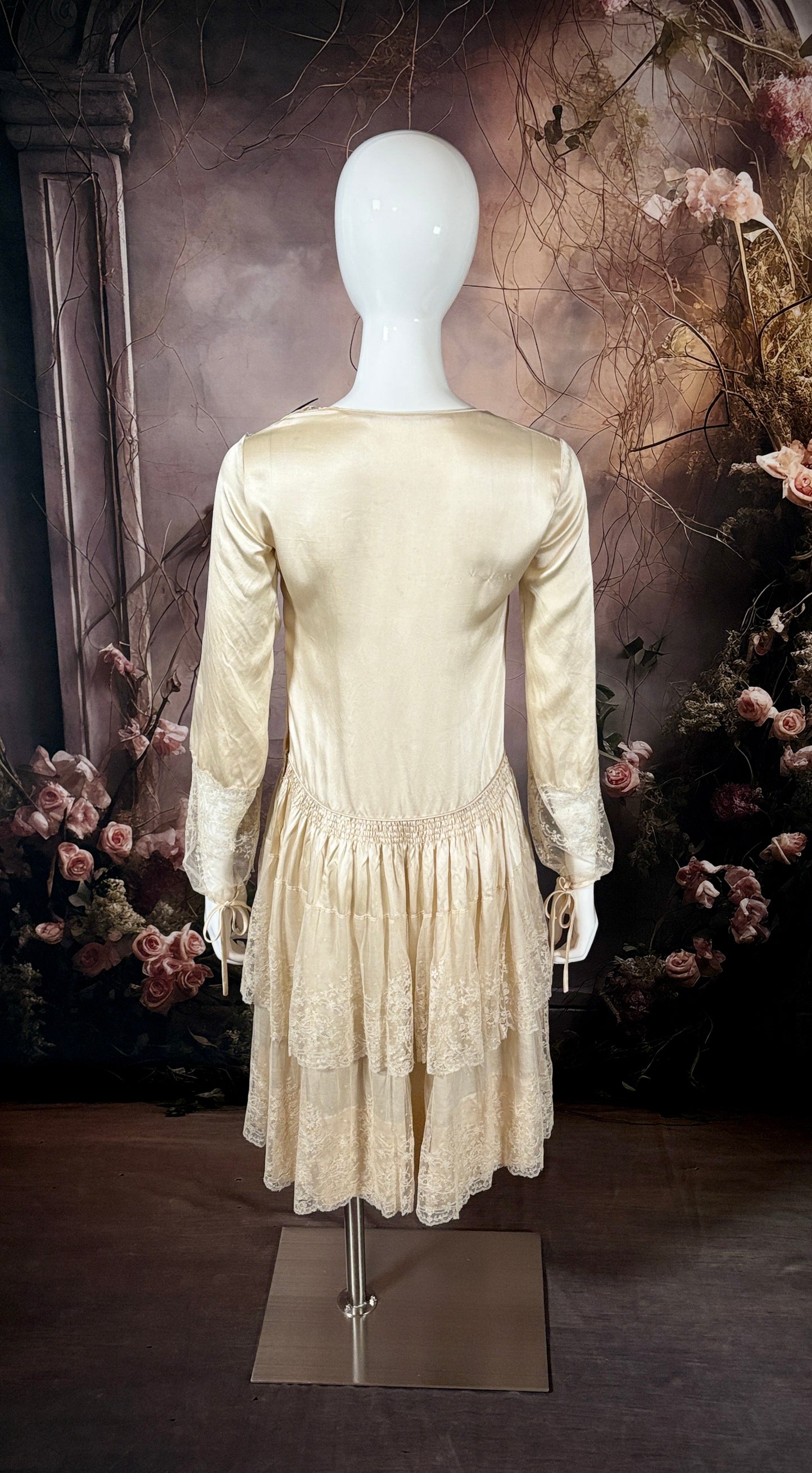 1920s Bias Cut Silk Charmeuse & Silk Chantilly Lace Wedding Dress