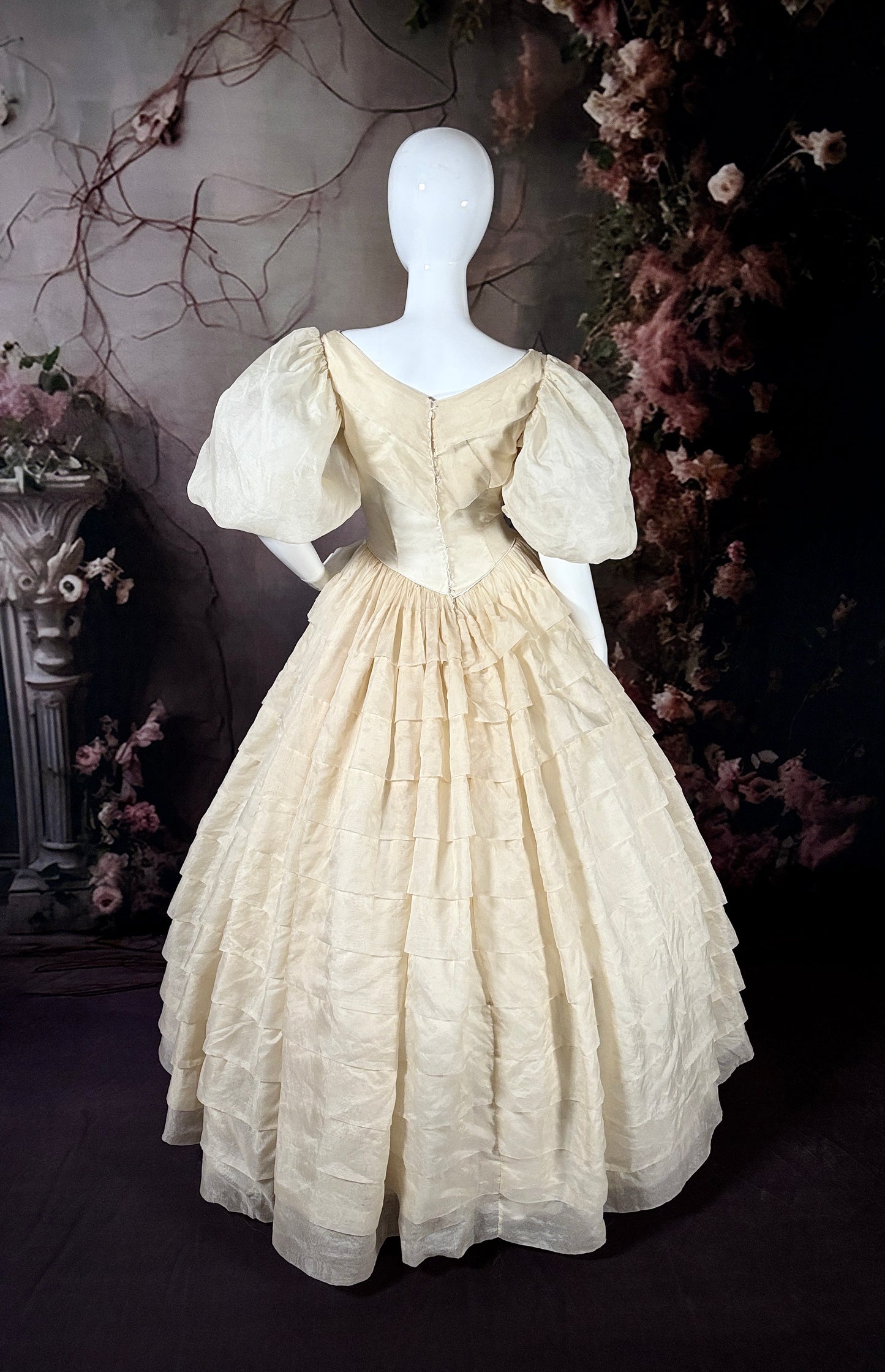 1950s Silk Organza Tiered Wedding Dress W/Gigot Puff Sleeves