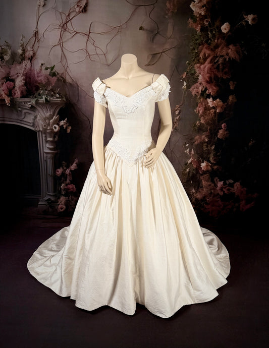 1990s Silk Dupioni Wedding Dress w/Trailing Train