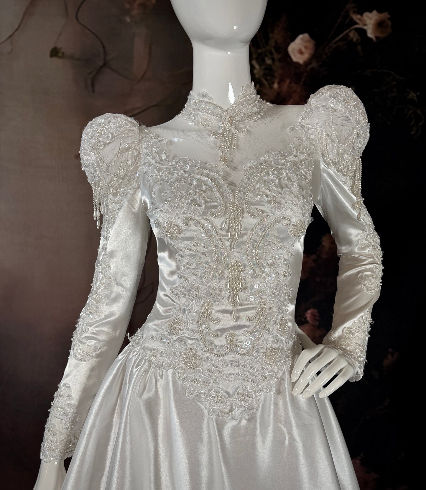 1980's Satin Wedding Dress w/Beaded Puff Sleeves & Chapel Train - Little Rose Bridal