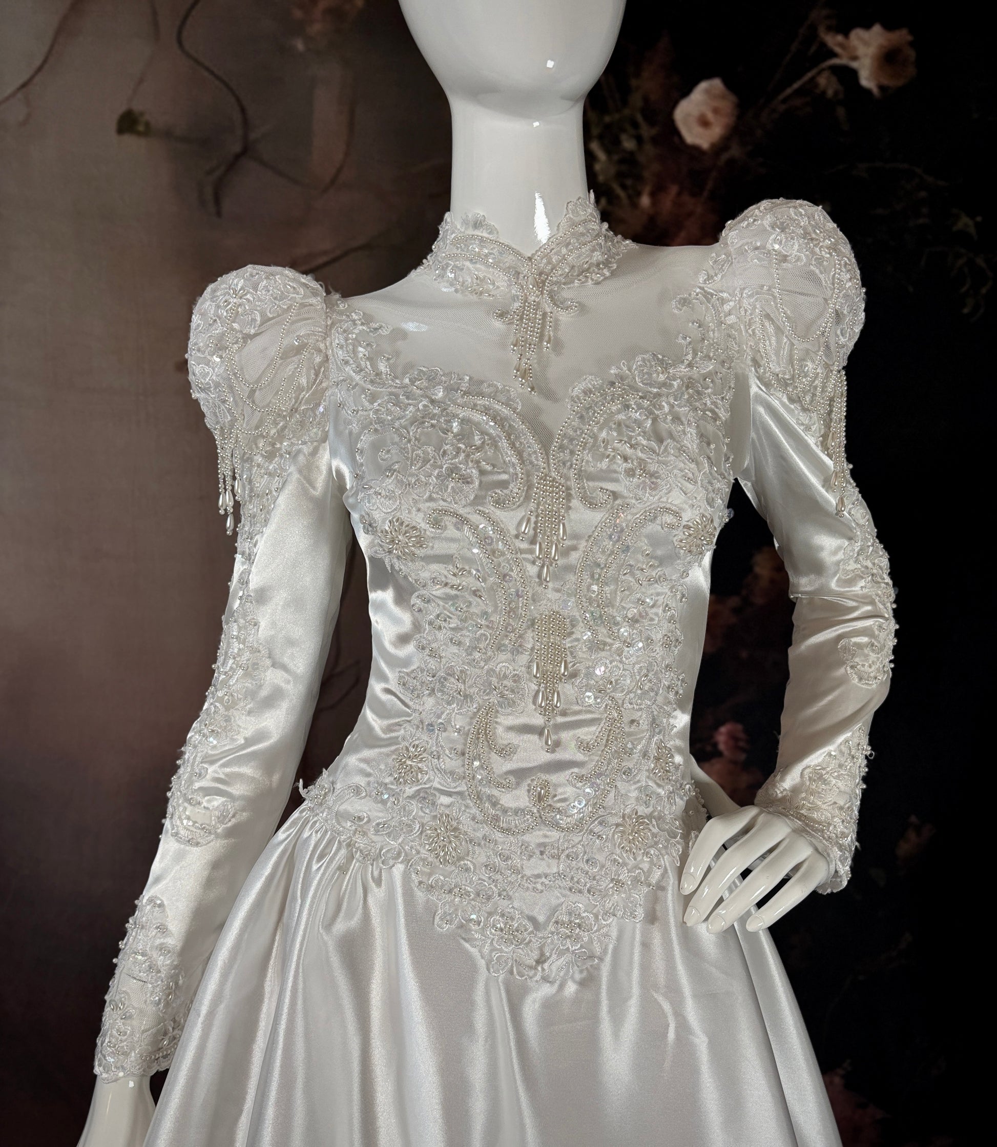 1980's Satin Wedding Dress w/Beaded Puff Sleeves & Chapel Train - Little Rose Bridal