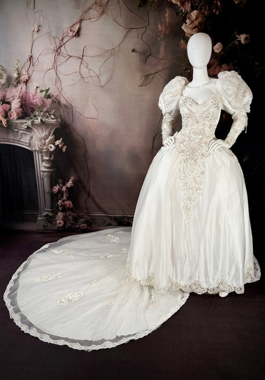 1980s Duchess Satin Wedding Dress  w/Juliet Puff Sleeves & Chapel Train