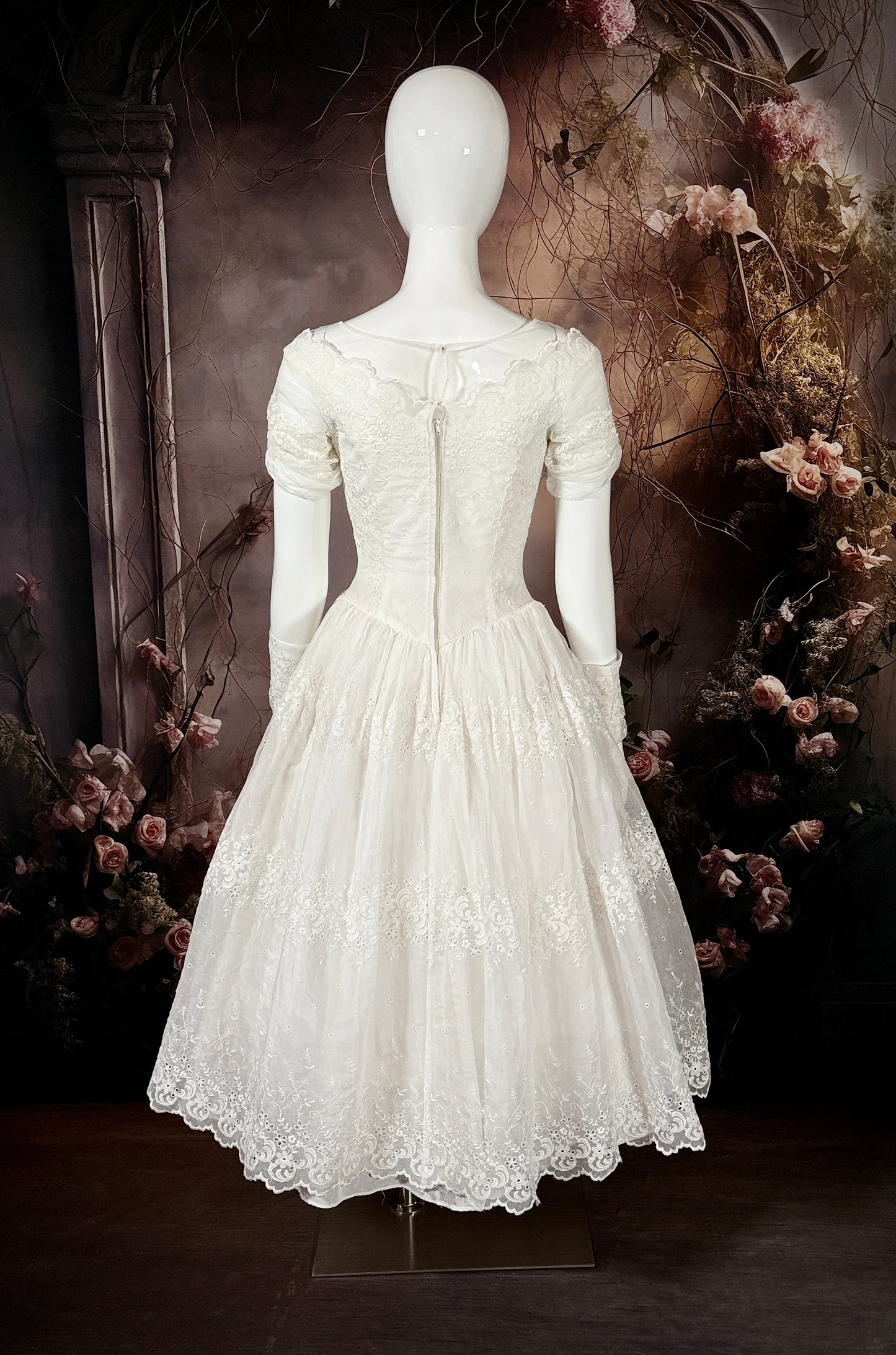 1950s Embroidered Rayon Organza Tea Length Wedding Dress W/Arm Sleeves